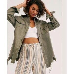 Free People S Jean Jacket Moonchild Distressed Denim Olive Green Military 940831